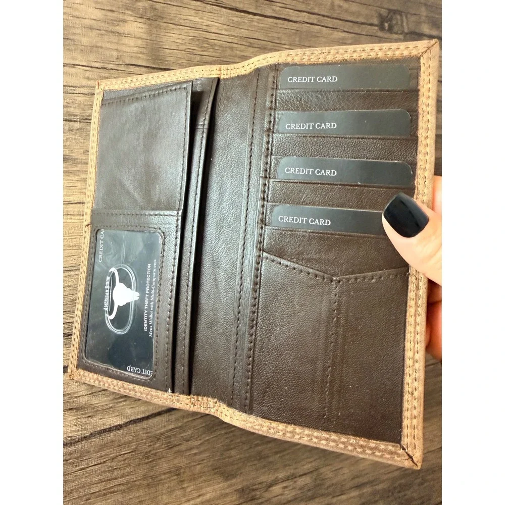 American Bison Mens Genuine Leather Long Wallet RFID Deer Embossed Brown Bifold